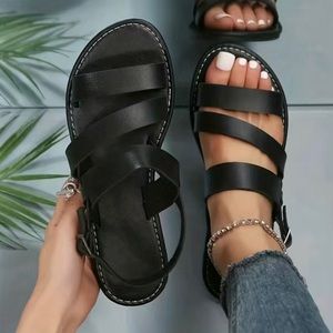 Women’s Strappy Roman Greek Sandals, Vegan Leather, Black, Summer Sizes 6-10.5